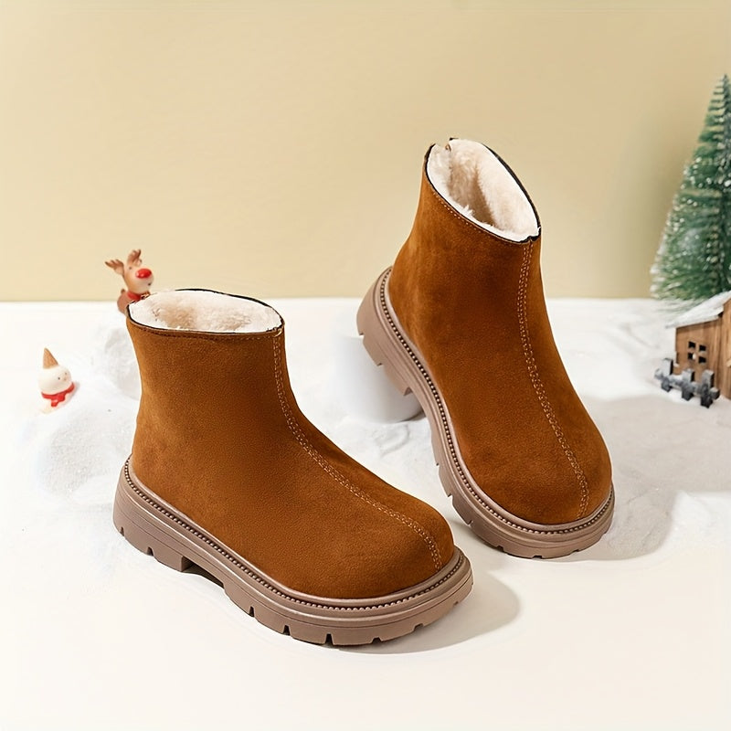 Kids Winter Ankle Boots with Plush Lining, Brown Fabric, Side Zipper, Casual Snow Booties