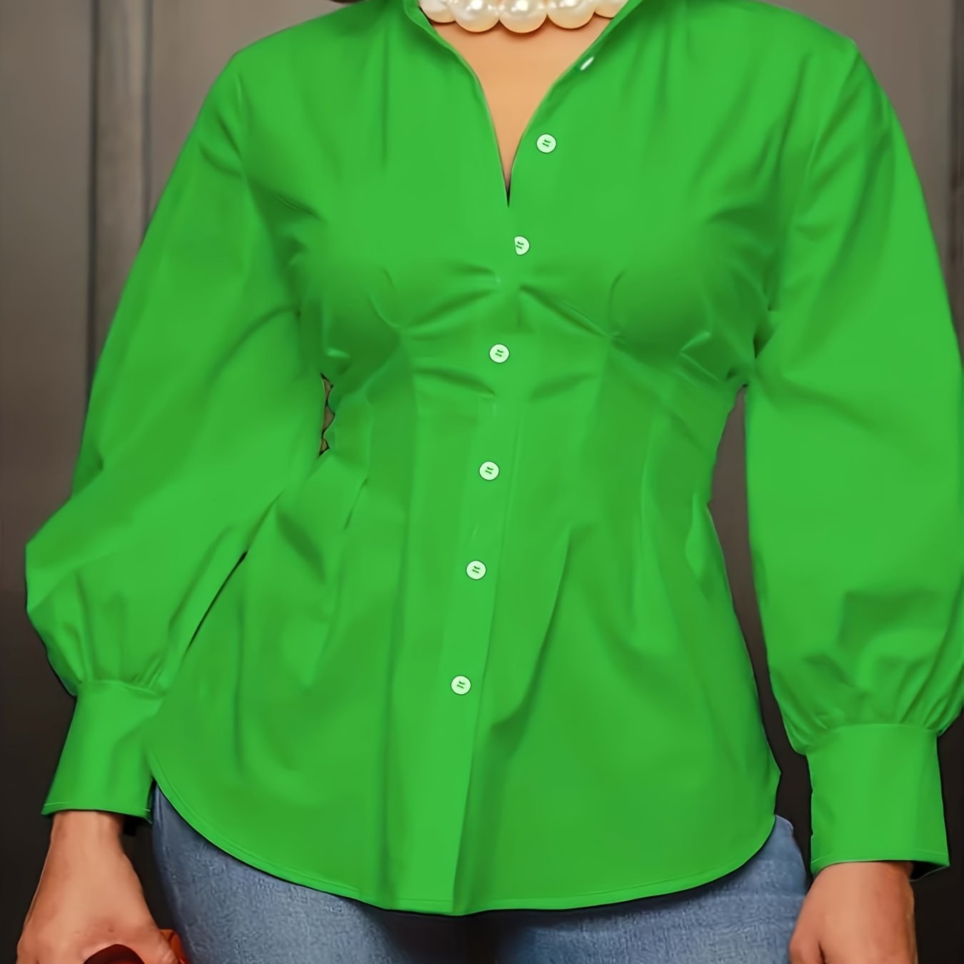 Women's Plus Size Casual Blouse Solid Button-Up Lantern Sleeve Turn Down Collar