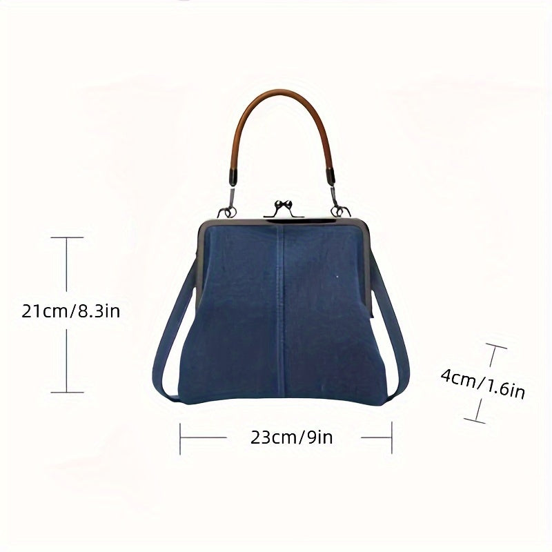 Handcrafted Denim Crossbody Bag for Women with Clasp Closure and Wooden Handle