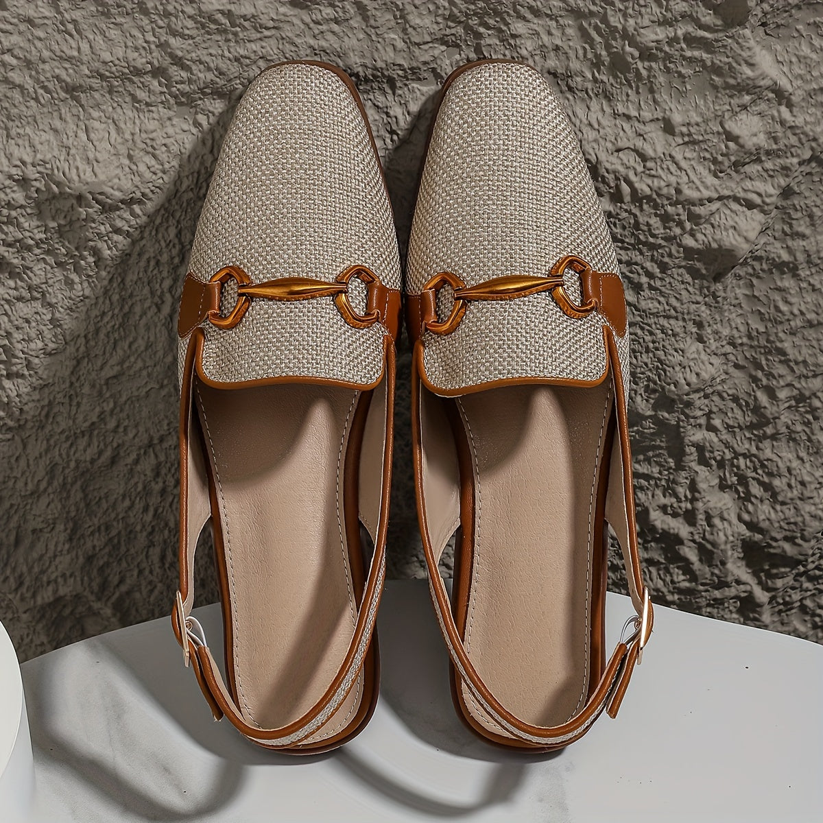 Women's Brown Linen Square Toe Summer Sandals with Metal Buckle