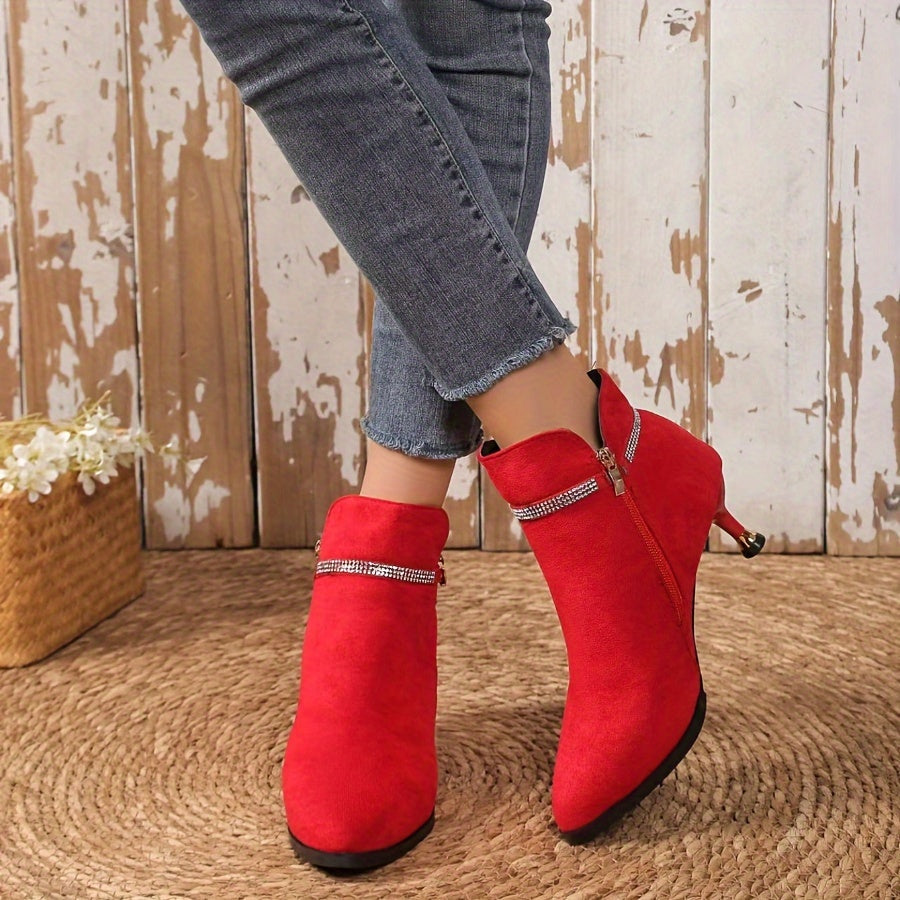 Women's Velour Metal Buckle Ankle Boots with Pointed Mid-Heels