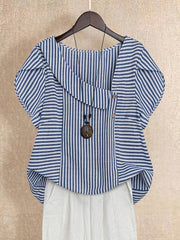 Plus o'lcham ayollar uchun chiziqli kofta yengil ko'k va oq rangda, kundalik yozgi ta'til uchun top