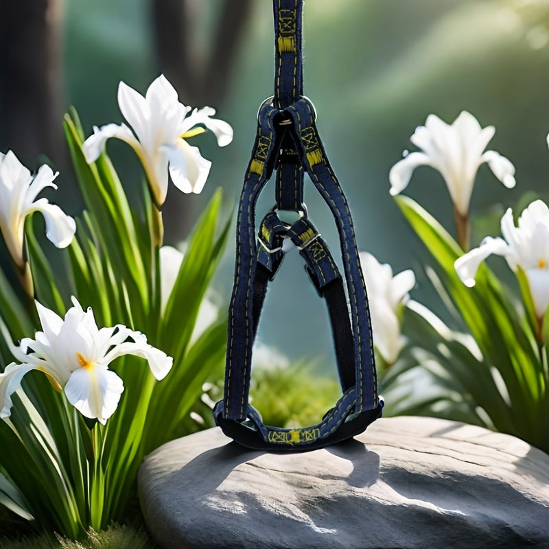 Adjustable Denim Dog Harness and Leash Set for Small to Large Breeds Polyester