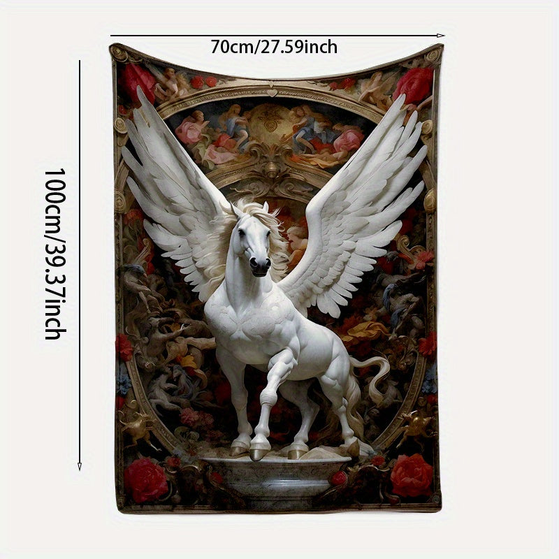 Soft Knitted Polyester Blanket with White Pegasus and Floral Angel Wings 70x100cm