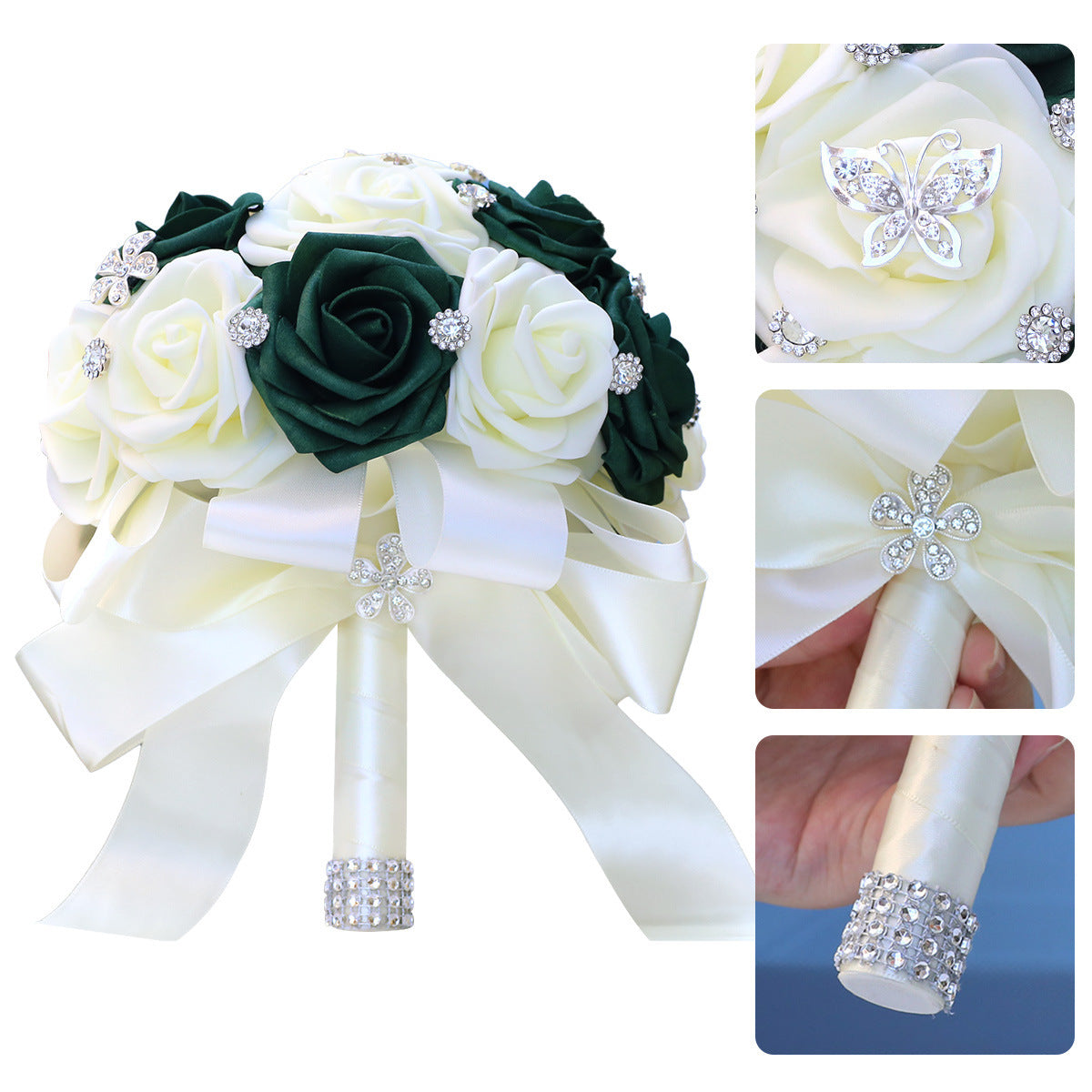 Handcrafted Bridal Bouquet Satin Flowers Rhinestones Pearls for Weddings and Events