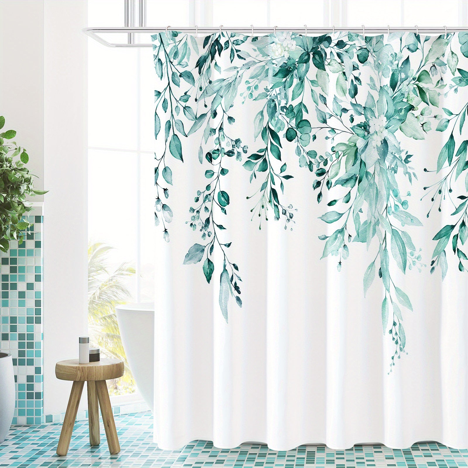 Waterproof Eucalyptus Shower Curtain with Watercolor Plant Leaves Floral Design Includes Hooks