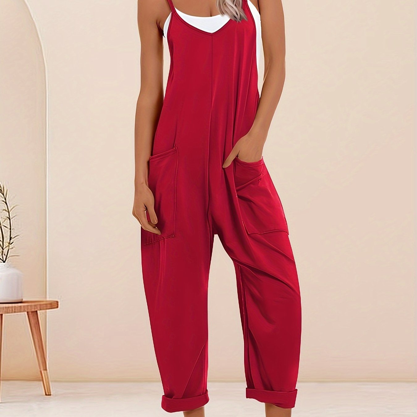 Mono de talla grande para mujer con tirantes finos, casual, de color sólido, verano