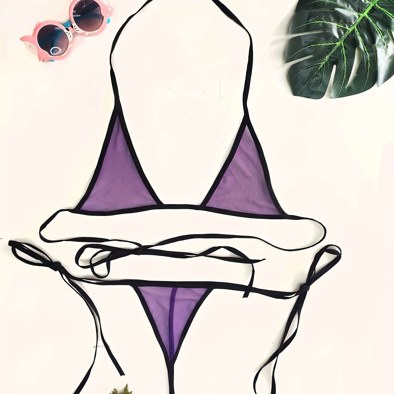 Mesh Bikini Lingerie Set with Green Triangle Trim and Adjustable Straps