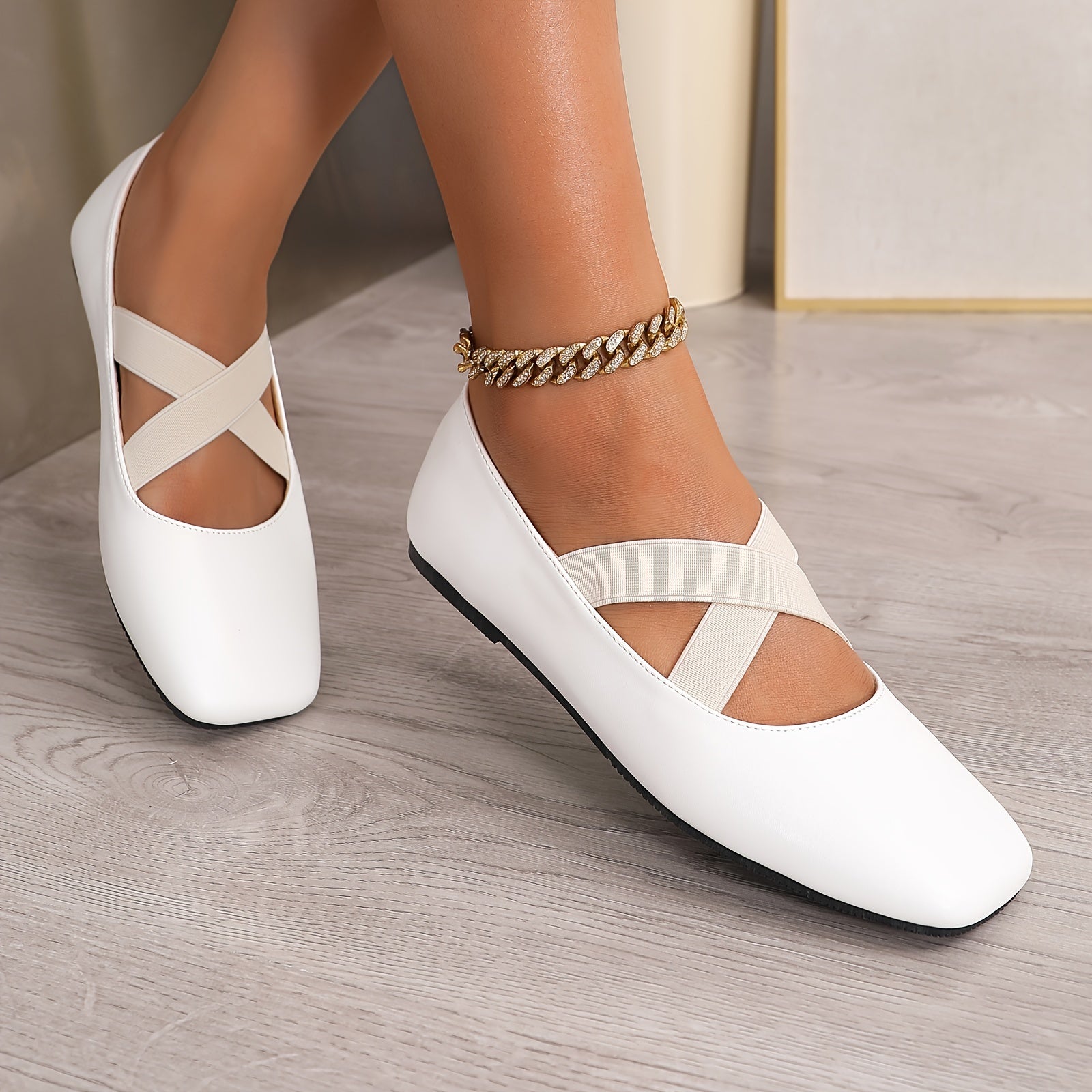 Zapatos planos de punta cuadrada para mujer, bailarinas slip-on con correas elásticas