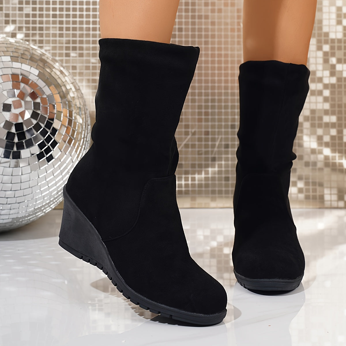 Women's Leather Mid-Calf Slip-On Boots Black All-Season Traction