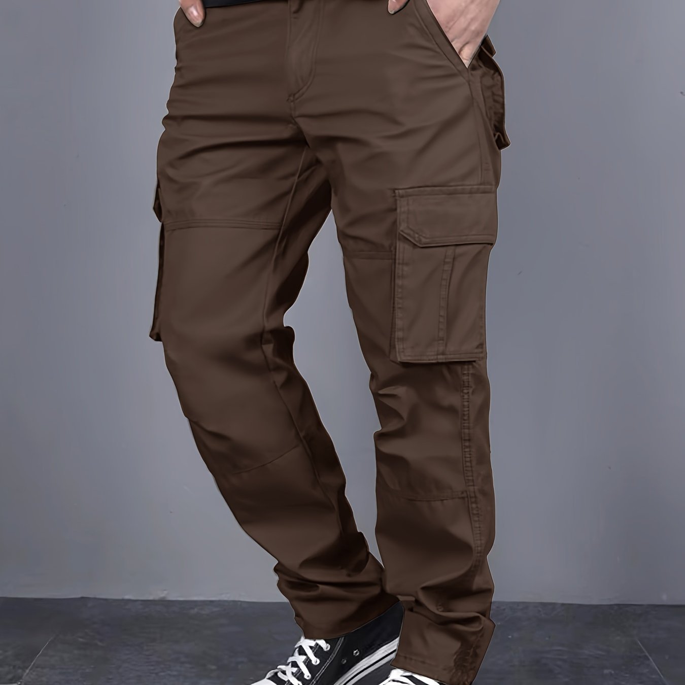 Men Solid Color Cargo Pants with Multiple Flap Pockets and Drawstring Waist for Outdoor Activities