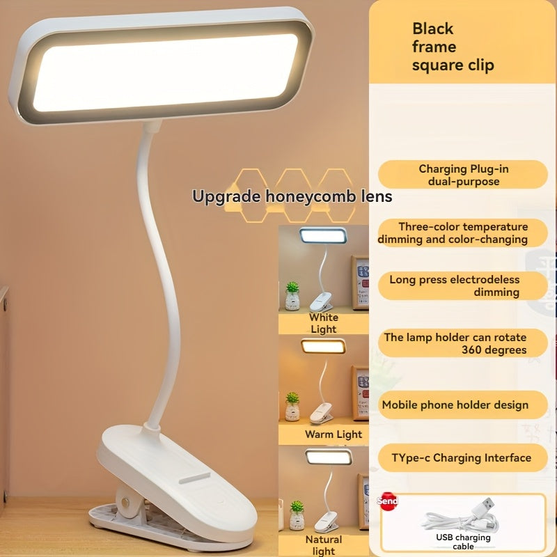 LED Desk Lamp Dimmable Adjustable Color Temperature Clip-On Touch Control Battery USB
