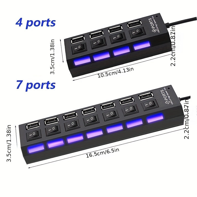 USB 2.0 Hub 7 Ports or 4 Ports with LED Light and Independent Power Switch for Data Transfer