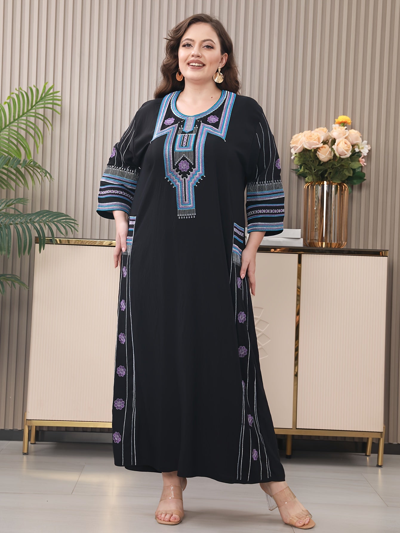 Embroidered Tribal Pattern Kaftan Dress Long Sleeve Loose Fit Woven Fabric