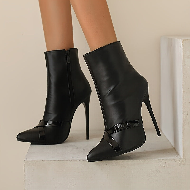 Women's Black Synthetic Pointed Toe Stiletto Ankle Boots with Zipper
