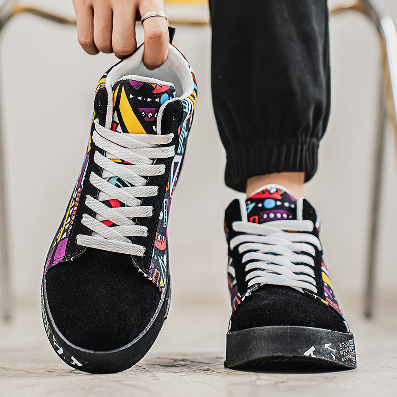 Men's High-Top Fabric Casual Sneakers Slip-Resistant Plaid Lace Shoes