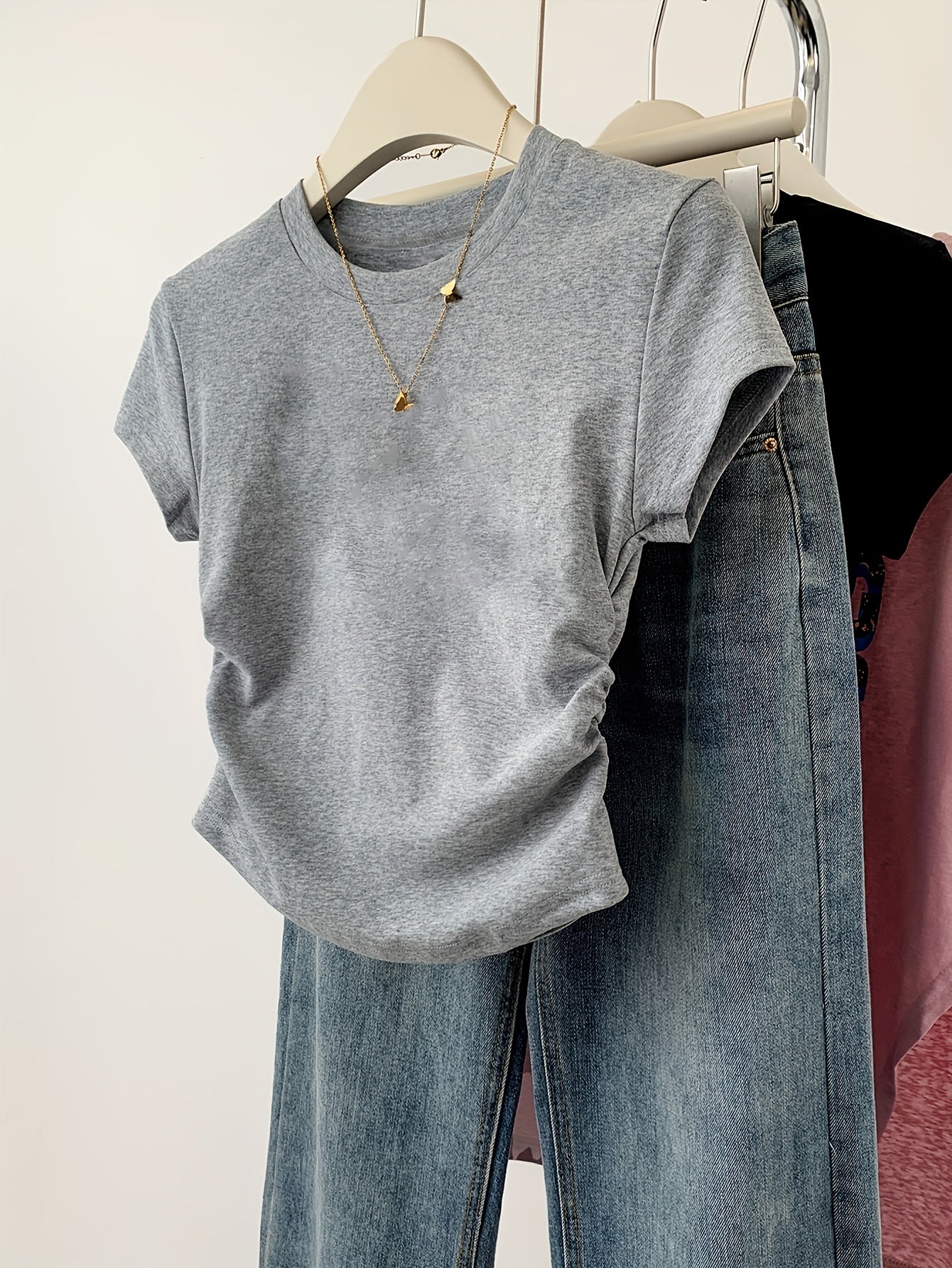 Women's Short Sleeve T-Shirt Crew Neck Frill Animal Pattern Knit Fabric Spring Summer Fall