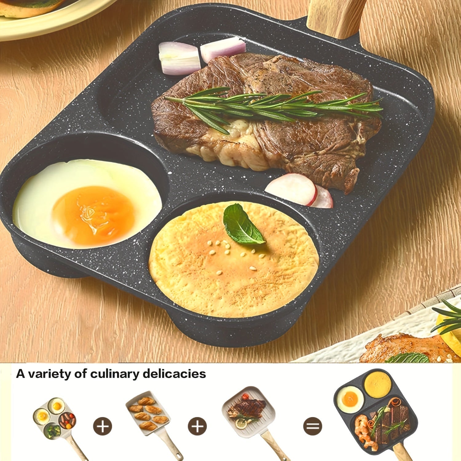 3-in-1 Non-Stick Aluminum Frying Pan for Eggs and Pancakes Induction Gas Stove Multi-Section Breakfast Skillet