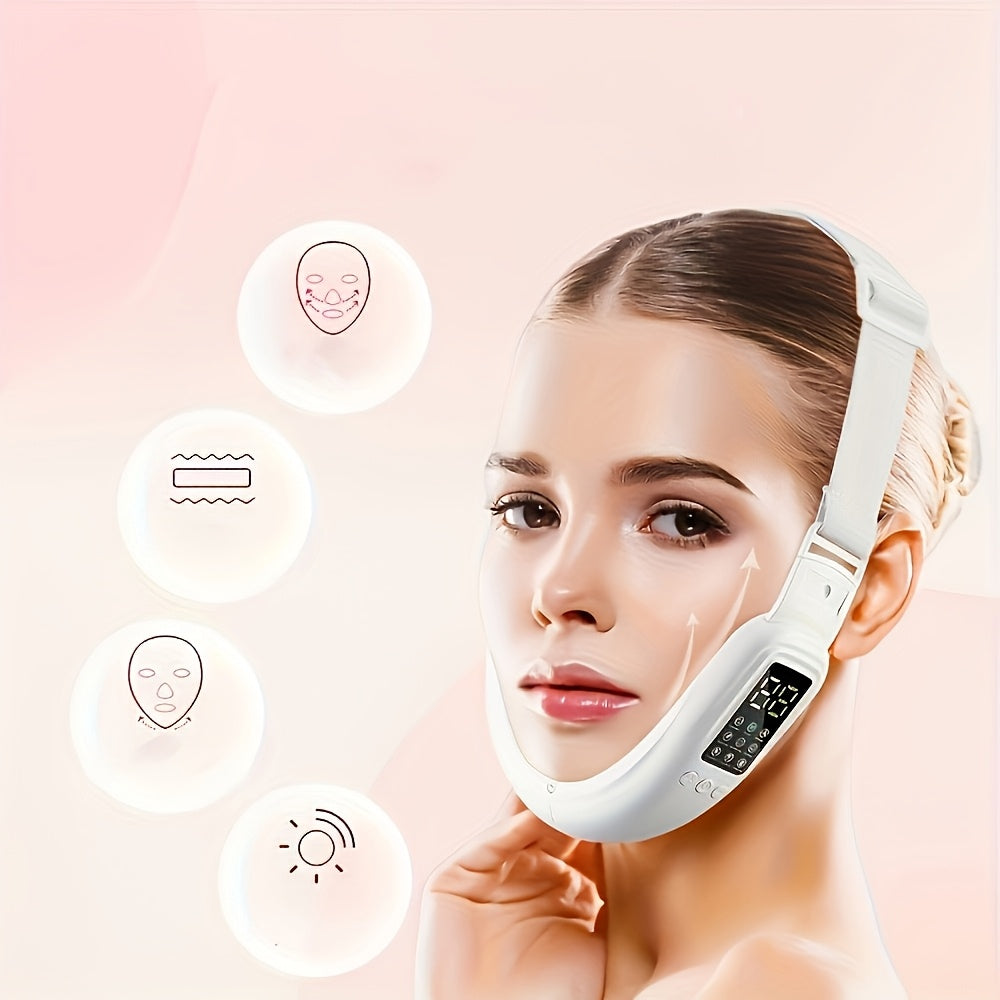 Белый электрический V-образный массажер для лица - USB-заряжаемый массажер для ухода за кожей лица с LED-дисплеем и регулируемой интенсивностью - идеальный подарок для женщин.