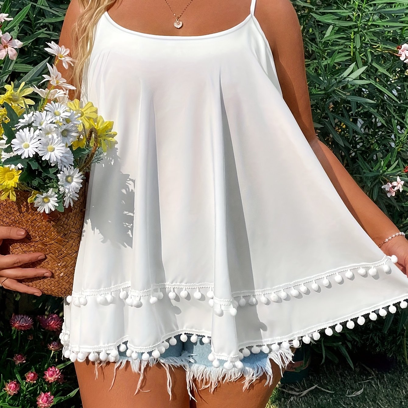 Plus Size Blue Spaghetti Strap Tank Top with Pom Pom Lace Trim Summer Dream