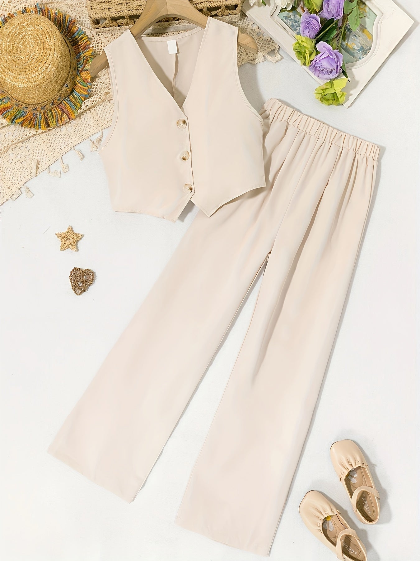 Girls Summer Outfit Set French V-Neck Top and Loose Straight Pants Casual Retro Style