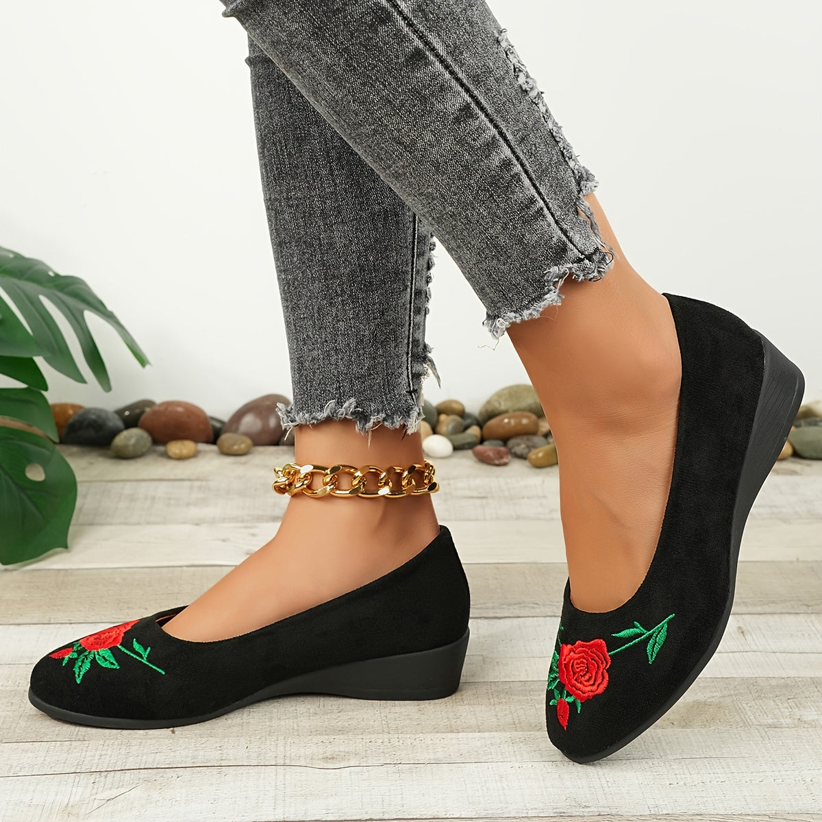 Ayollar uchun tikilgan peony balet flats slip-on Mary Jane poyabzal