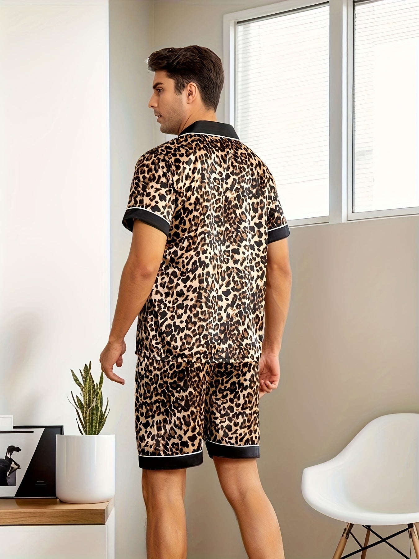 Conjunto de pijama de verano para hombre con cuello reversible, manga corta y poliéster transpirable