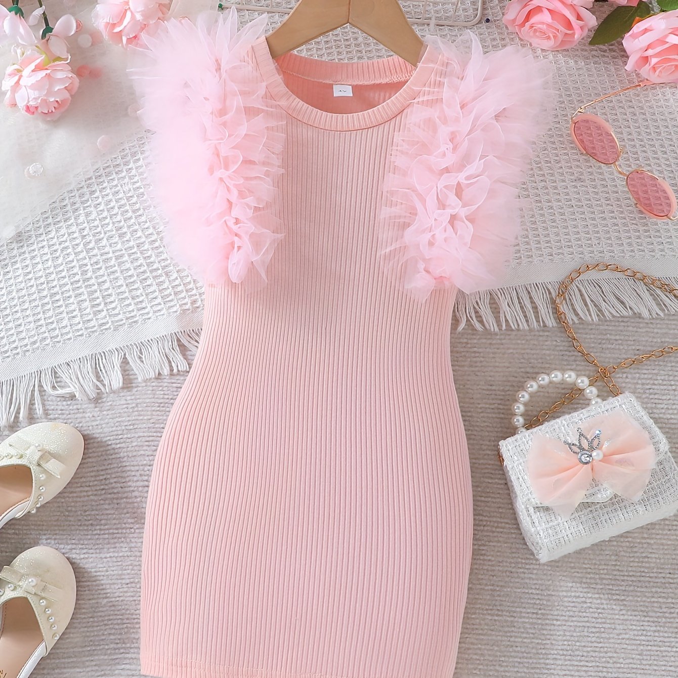 Girls Tulle Sleeve Bodycon Dress for Summer with Ruffle Details