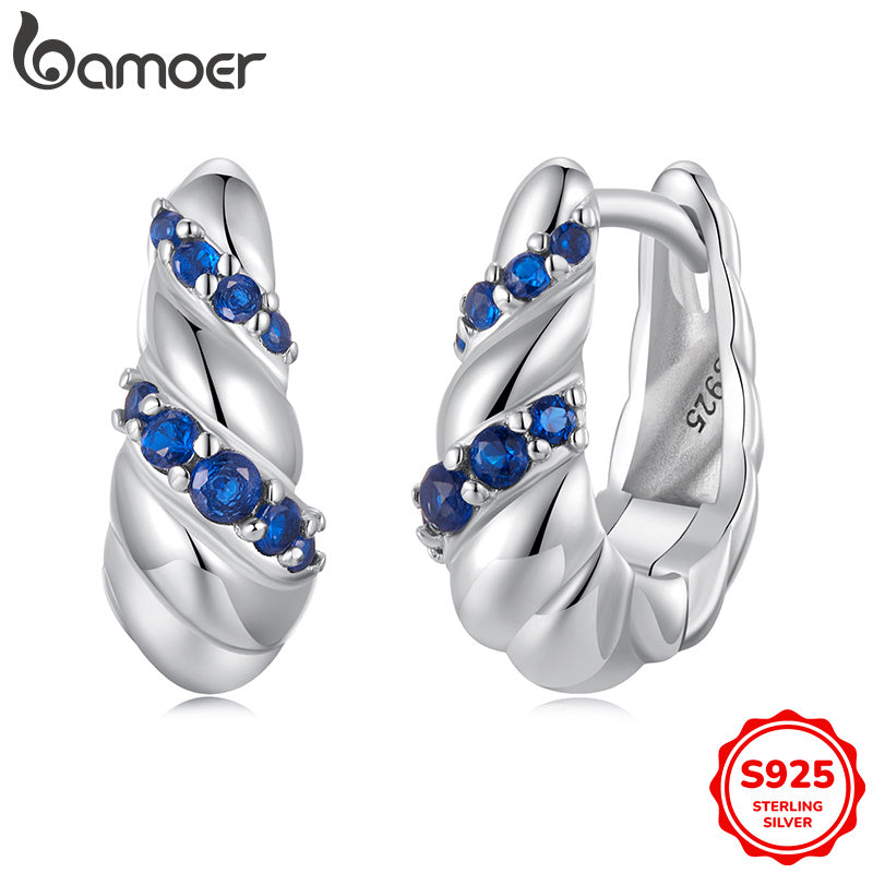 Sterling Silver Hoop Earrings Blue Twisted Design Synthetic Zirconia for Party or Daily Wear