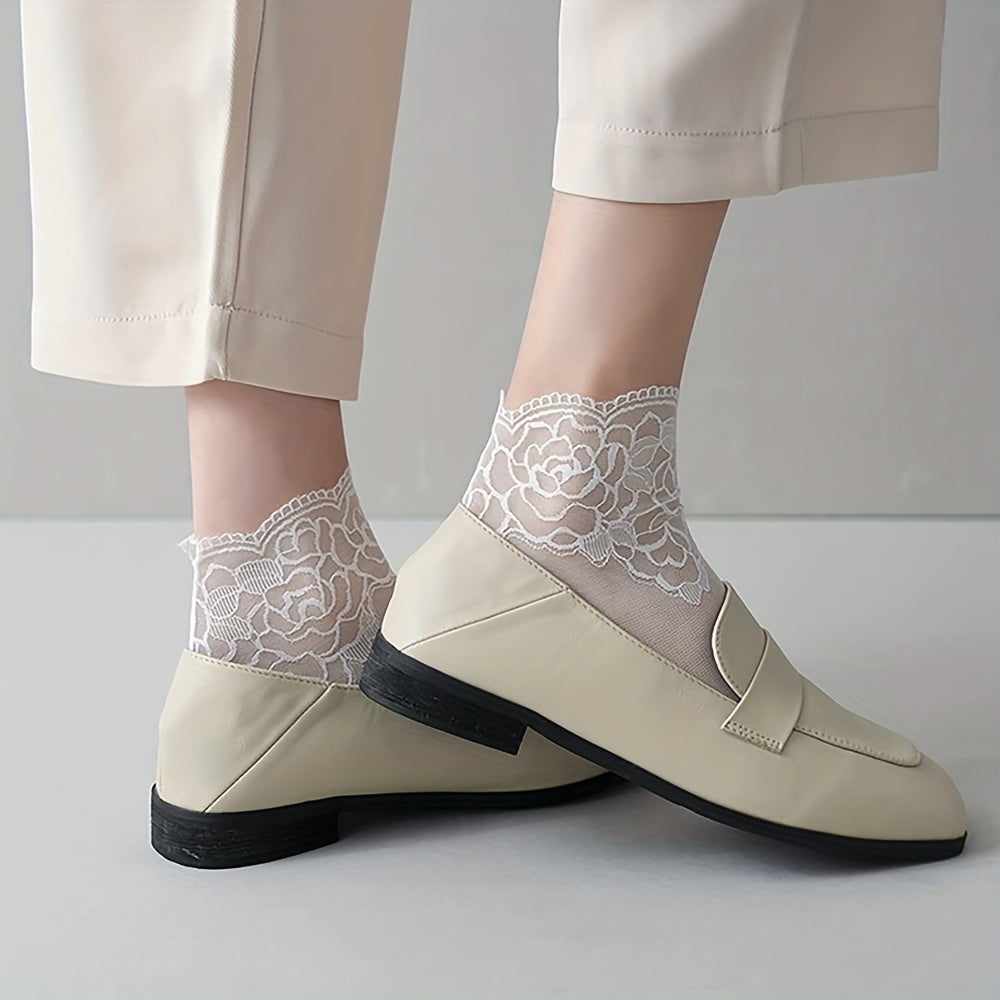 Women's Invisible Socks 5 Pairs Geometric Lace Floral Trim Polyester Spandex