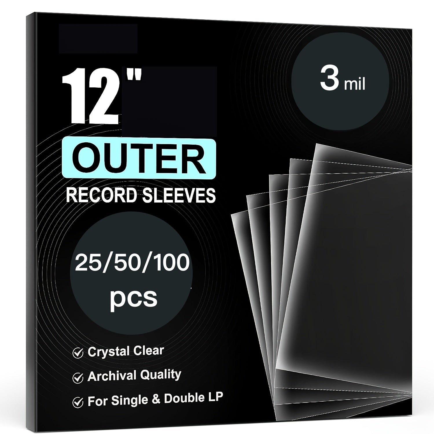 12-Inch Vinyl Record Jackets Pack of 25, 50, or 100, Clear, Durable