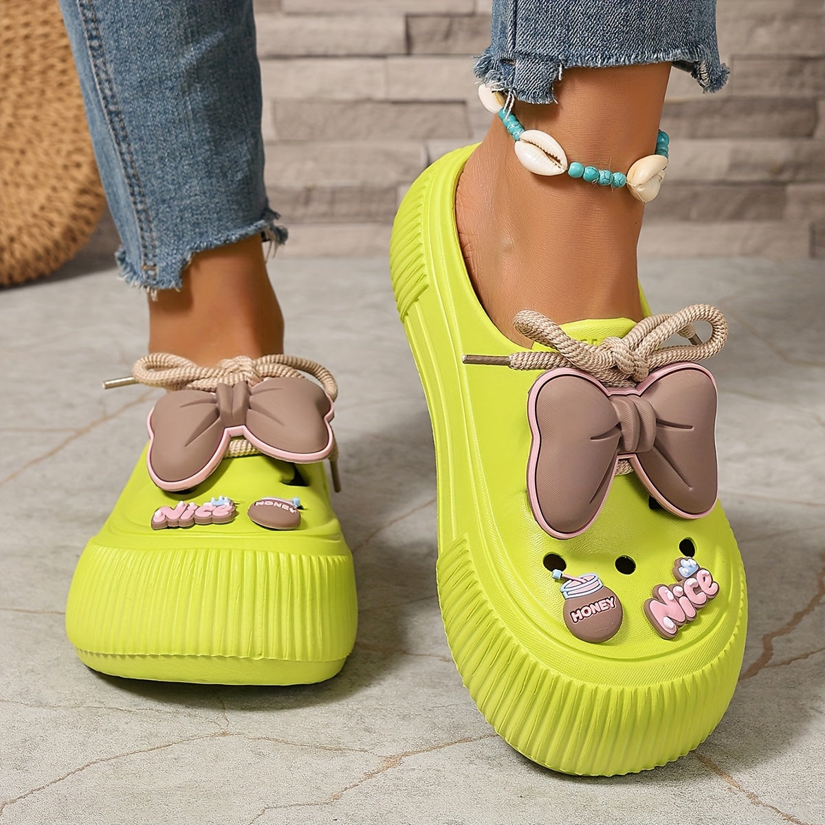 Women's EVA Mules with Bow Detail Casual Beach Slide Sandals White Pink