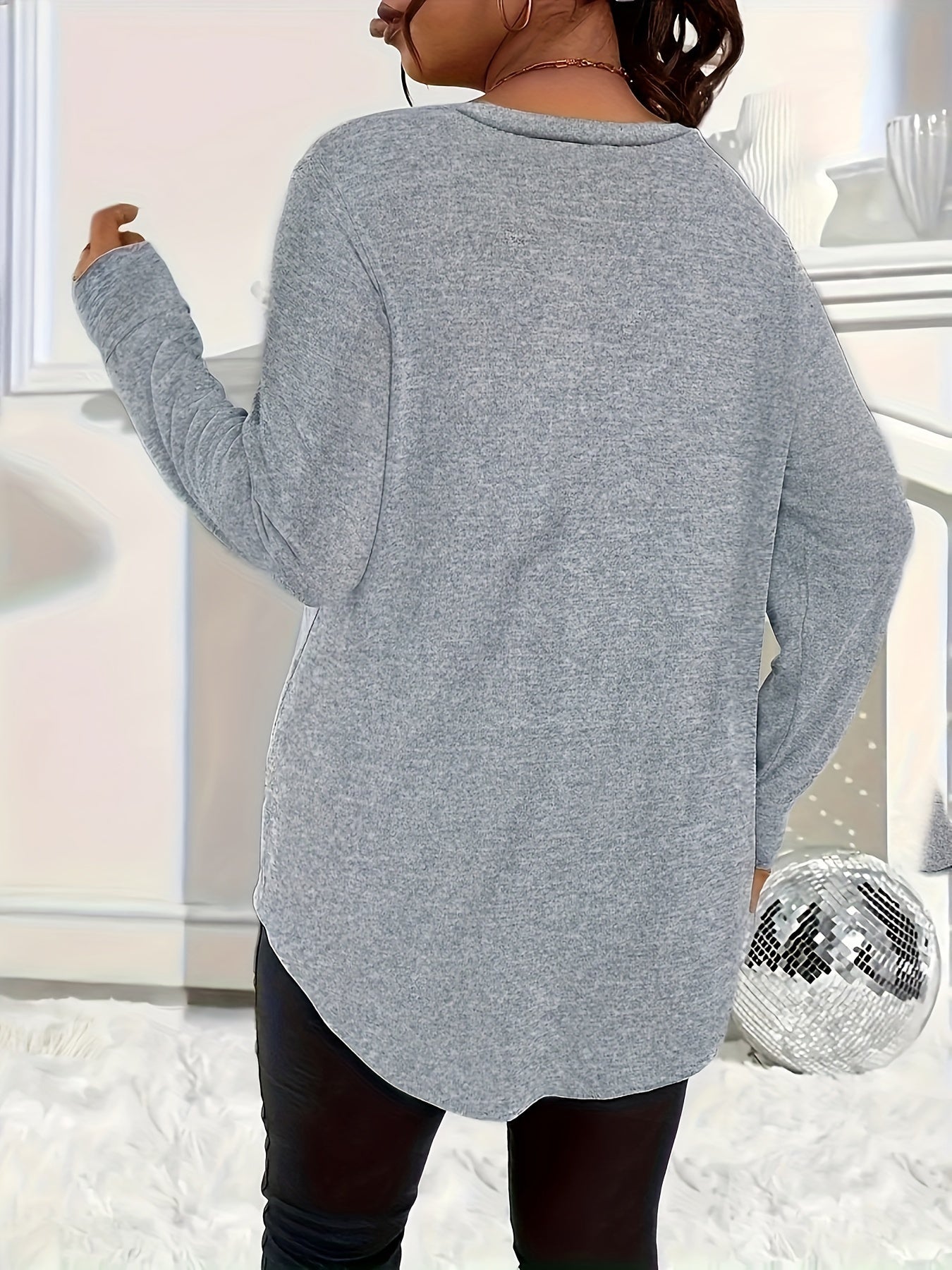 Plus Size Long Sleeve Solid Color Button-Up Dress Shirt For Women