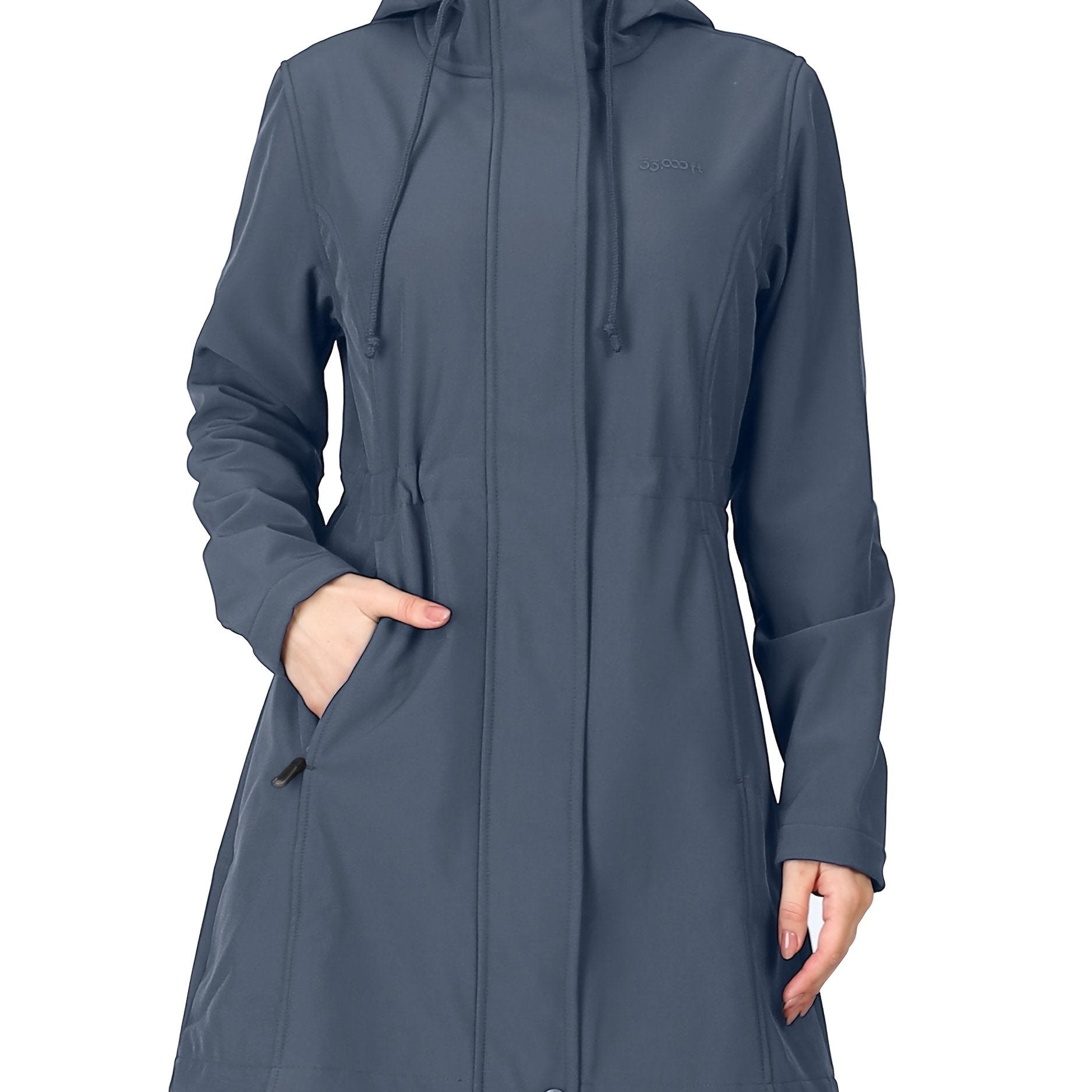 Women's Softshell Long Jacket with Hood Fleece Lined Windproof Warm Outdoor Windbreaker 33cm