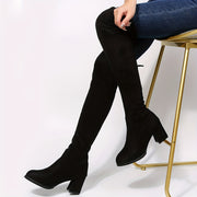 Women's Long Leather Boots Knee High Heels Heightening Finger Black