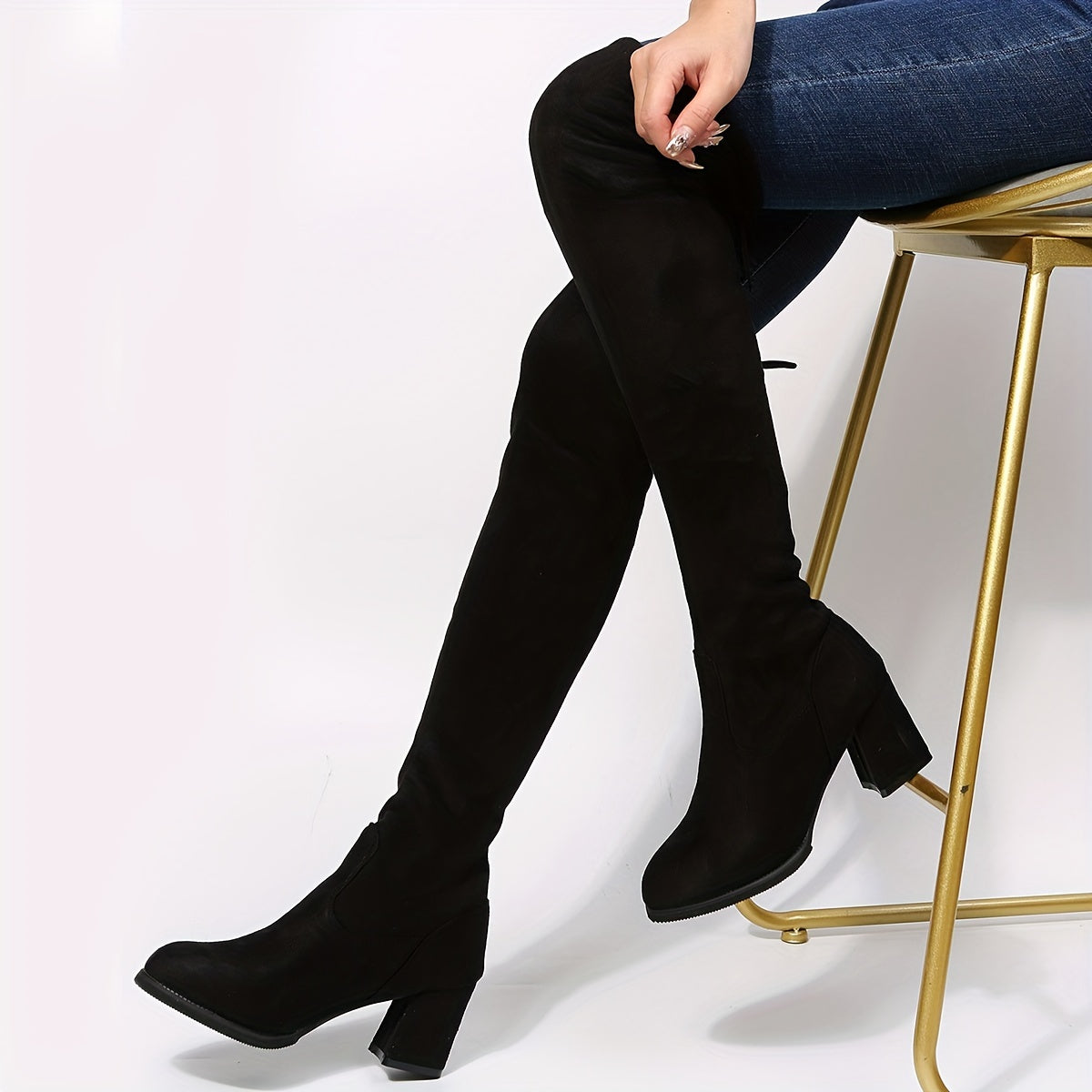 Women's Long Leather Boots Knee High Heels Heightening Finger Black