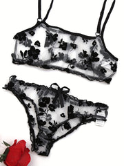 Women's Mesh Flower Lingerie Set with Transparent Details 2 Pieces Adult Size