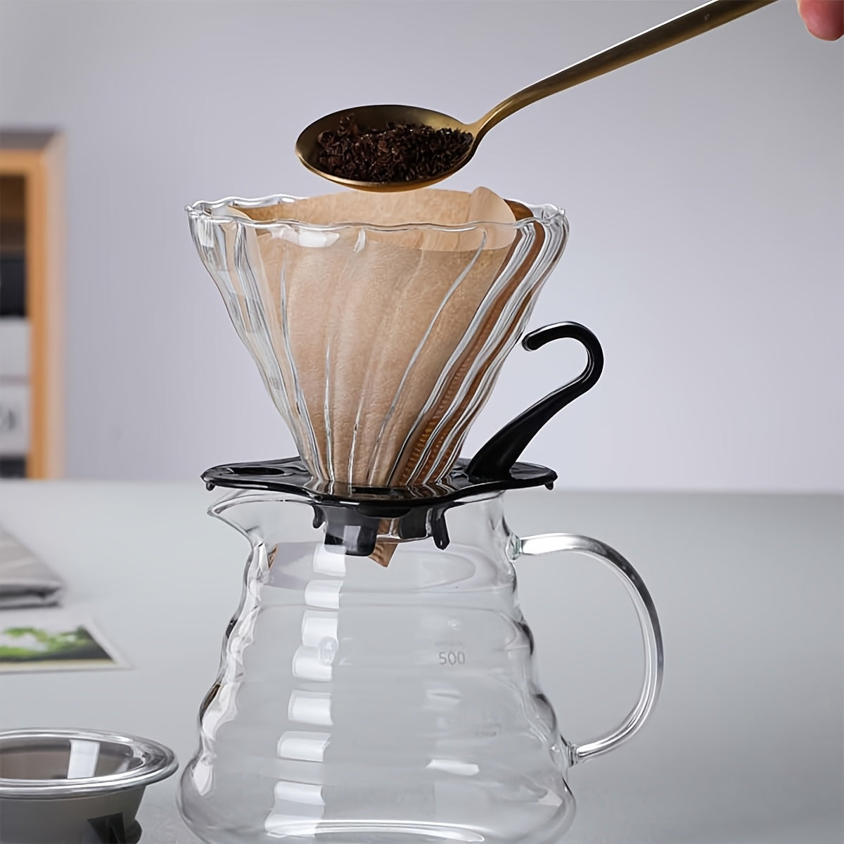 Glass Pour Over Coffee Dripper with Handle, Reusable Cone Filter for Home Office Travel