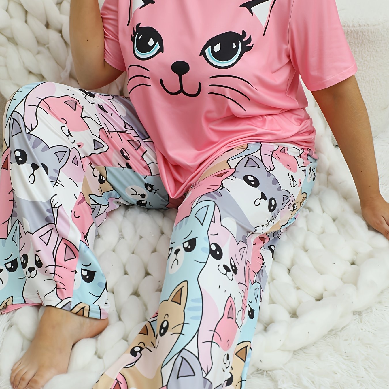 Women's Plus Size Cat Print Pajama Set Short Sleeve Long Pants Polyester Blend