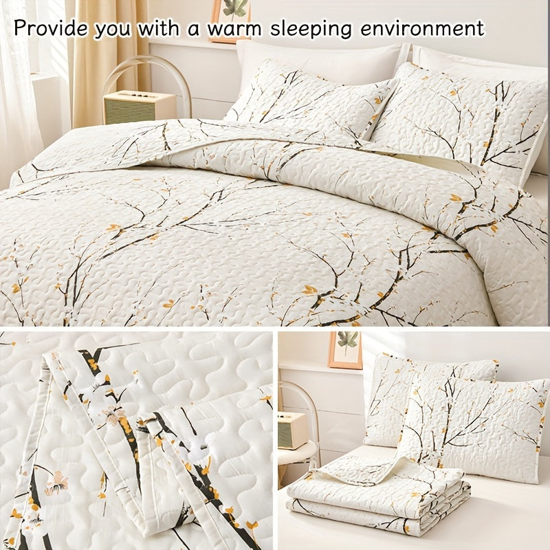 Elegant Plum Blossom Bedding Set 3 Pieces Quilt and Pillowcases Breathable Soft for All Seasons