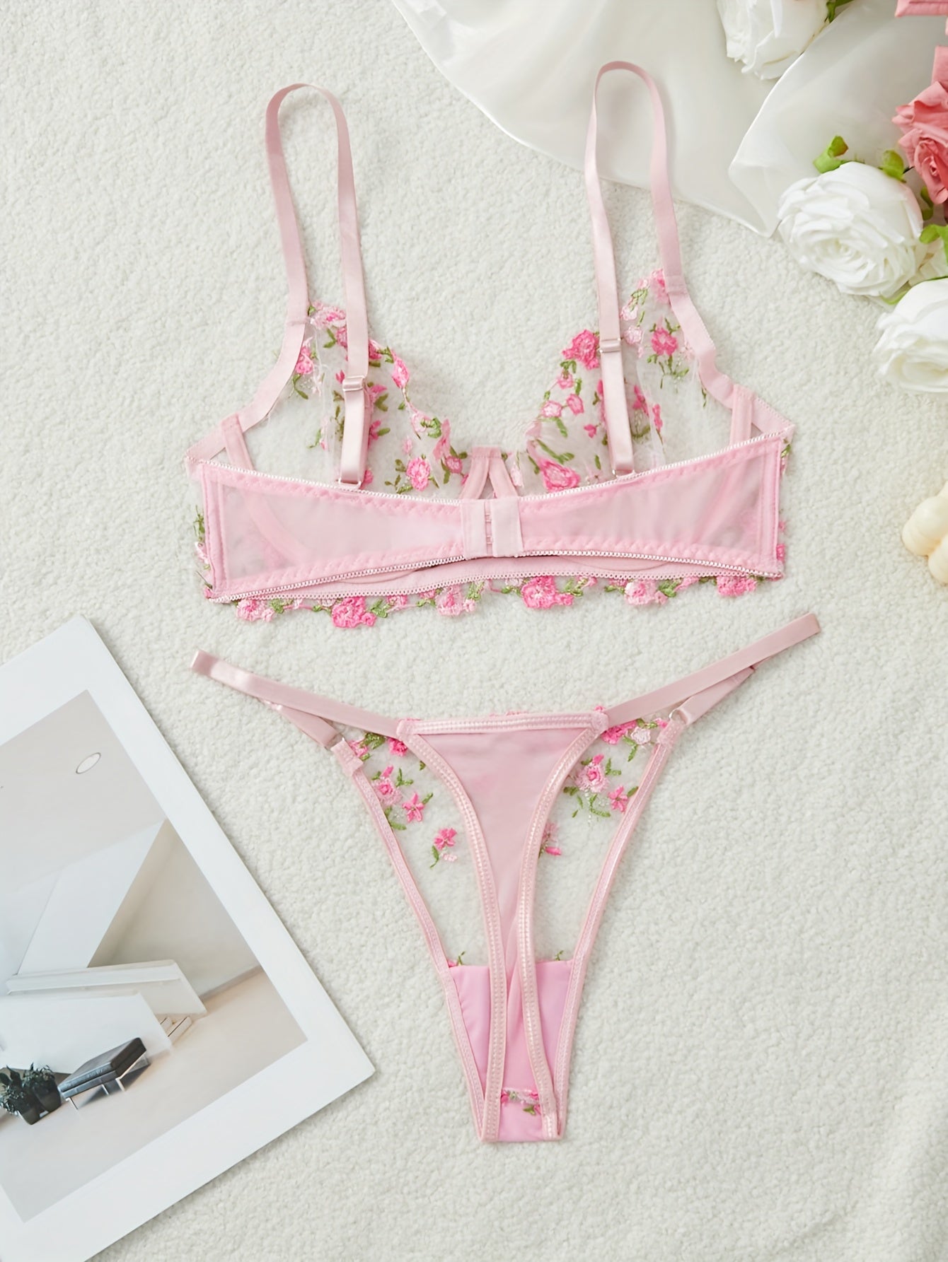 Women's Floral Embroidered Lingerie Set with Semi-Sheer Mesh Bra and Thong