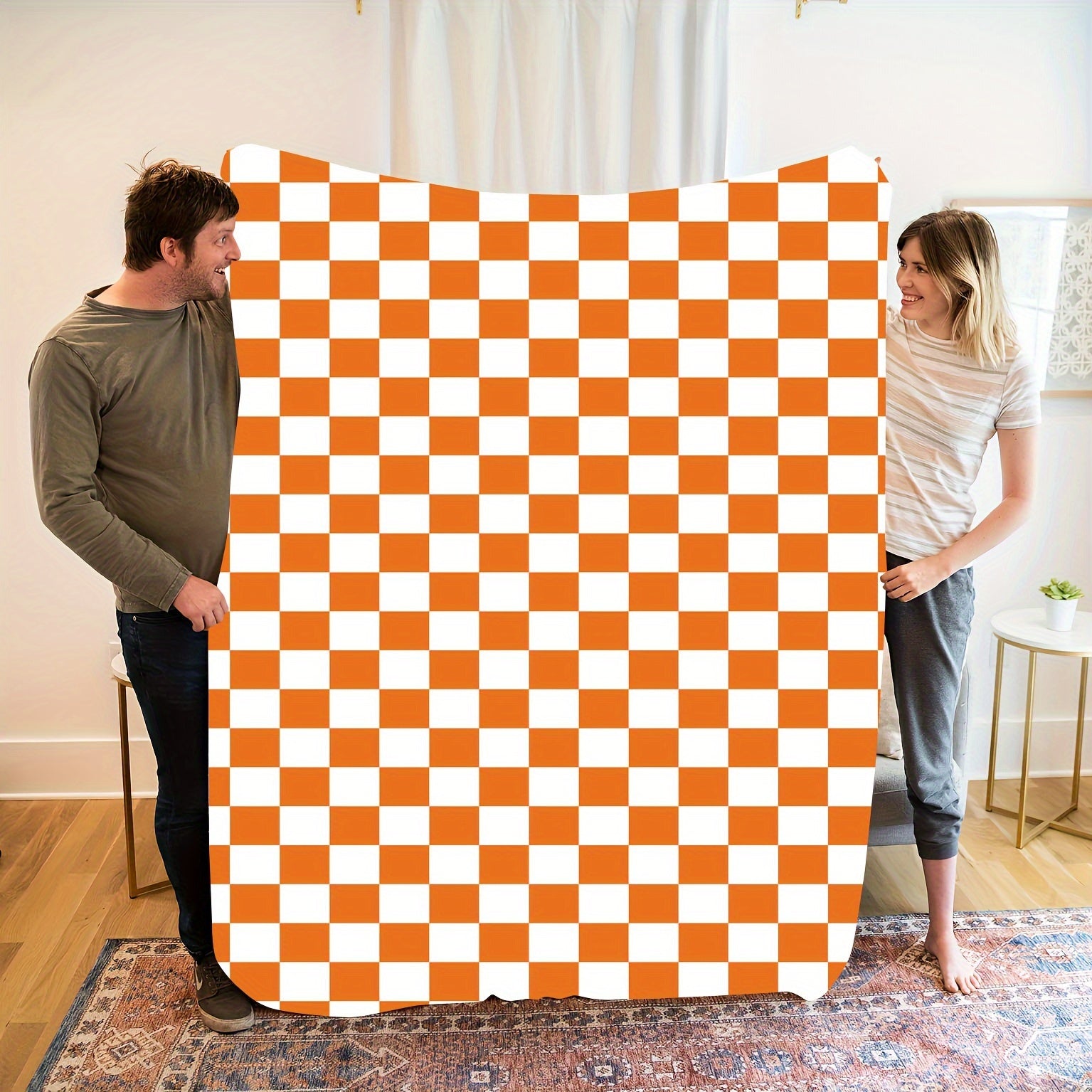 Orange and White Checkered Fleece Throw Blanket with Geometric Pattern for All Seasons