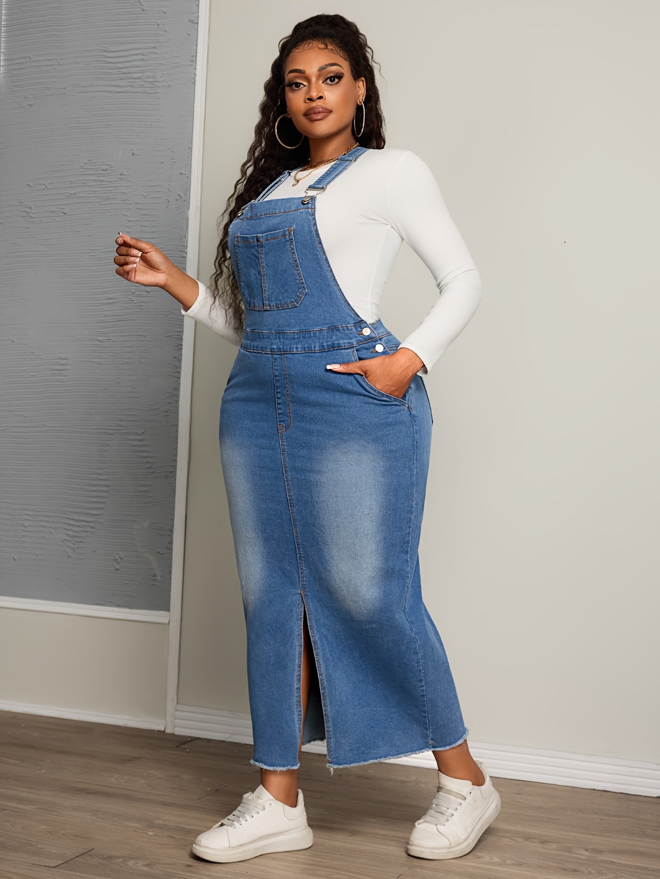 Women's Plus Size Denim Overall Dress with Frayed Hem Casual Autumn Wear