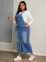 Women's Plus Size Denim Overall Dress with Frayed Hem Casual Autumn Wear
