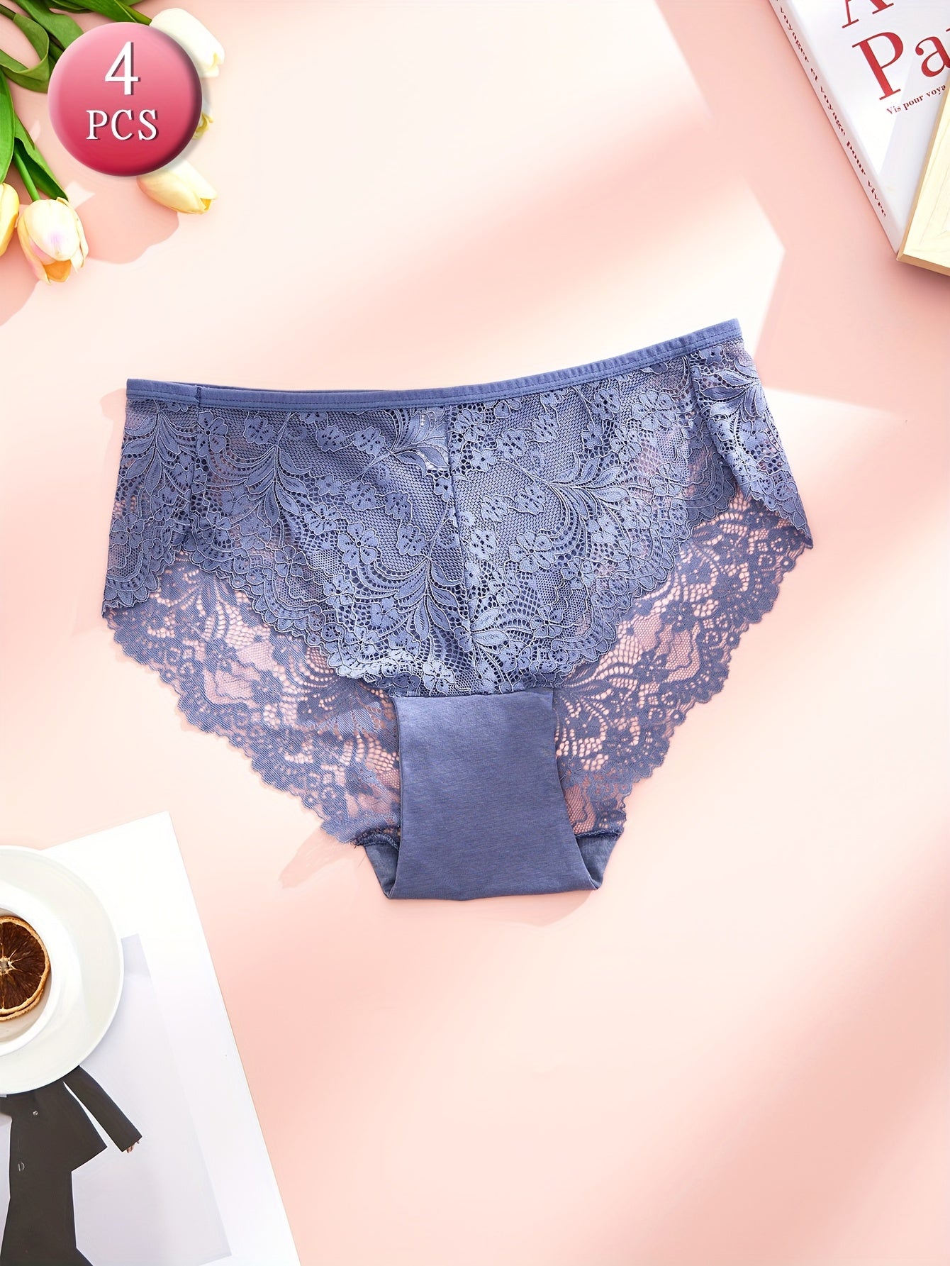 Women's Plus Size Floral Lace Briefs 4 Pack Breathable Stretchy Panties