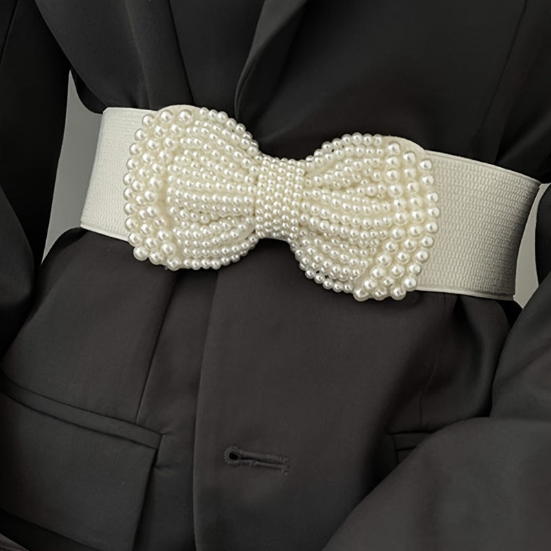 Ayollar uchun keng rezina belbog'li, sun'iy marjonli bowknot bilan keng belbog'