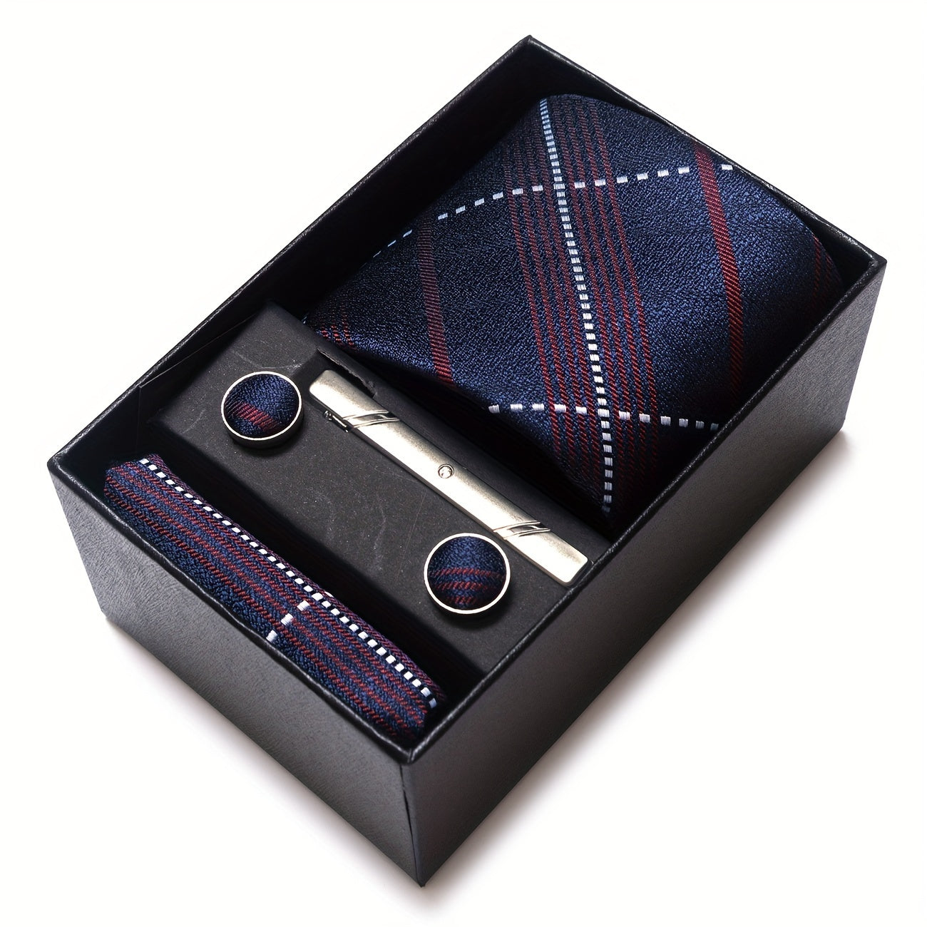 Men's Plaid Tie Set with Pocket Square Cufflinks and Tie Clip in Gift Box