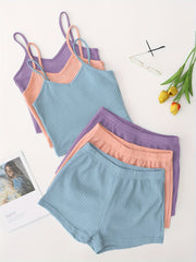 Women's Waffle Lounge Set Camisole Top Shorts Elastic Waist Casual Sleepwear