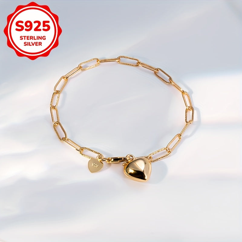 Silver Heart Pendant Rectangular Safety Pin Chain Bracelet for Women