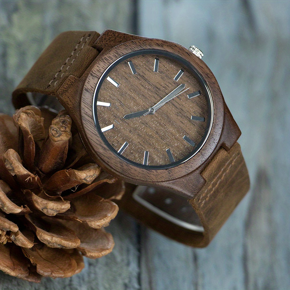 Men's Natural Walnut Wood Wrist Watch with Leather Band Gift Idea